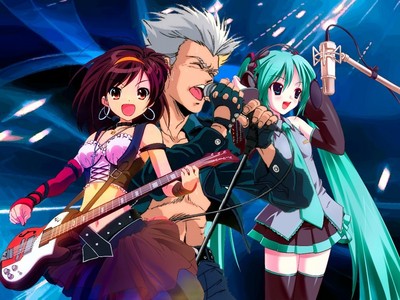 Haruhi Suzumiya and Miku Hatsune! But I don't know who the guy at in the middle is.....