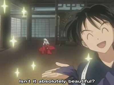  I upendo this XD It's episode 135 - The Last Banquet of Miroku's Master, during the part when Kagome is dreaming about Miroku using his wind tunnel to be a human vacuum. lol :P
