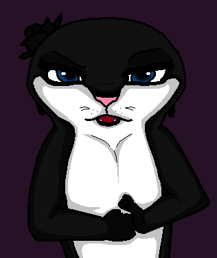 Name: Lisa
Species: Asian Otter / Adelie Penguin mix (Pengotter XD)
Looks: As tall as Skipper, has an otter's body with the markings of a penguin. Has bright, dark, sapphire-blue eyes, and a pink nose. The upper part of her eyelids is darker than the rest of her fur, (like eye shadow) along with all her paws and her ears. Unlike Marlene, she has visible claws and fangs. Her chest is a little wider than Marlene's, and she has broader shoulders. Often wears a black/dark violet rose as an accessory.
Specialty: Leader; a trained Martial Artist, Kick boxer, and Archer.
Relation to POM: Skipper and Marlene's daughter
Story: The strongest of her 3 other siblings, she was the opposite of the runt at birth. She was considered different to other peers, who often made fun of her. Having a short temper, she often got into fights. Her other siblings, though all the same age as her, look up to her. She is a natural born leader, but cracks under pressure and often needs the help of her calmer sister, Phoebe, to regain her judgement. Although she is very self-confident, she has weaknesses, and does not like to be called names such as "Mutt" and "Crossbreed". She has a hard time communicating her feelings, thus contributing to her macabre personality; no one knows her love interest, because she always wears a "Poker Face" when it comes to crushes.