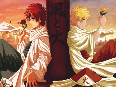  i don't know if this count,but here: naruto holds an yellow rose and gaara holds a red rose!!!