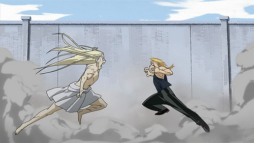  The final battle in fullmetal alchemist brotherhood. Where everyone is fighting the father of the homuculi.