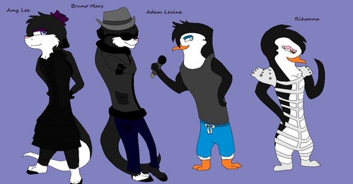  Well, I have WAY too many, so I'll just put my bahagian, atas five. Lisa, of course, who is as tall as Marlene, and Matt; he has blue eyes and the markings of Marlene, not Skipper, and has a white right foot. He has a darker black above his eyes instead of purple like Lisa. He is about the same height as Lisa, if not a little taller. Then Jasper; he looks like a teenage version of Skipper, has blue eyes but is blind. He has blue eyelids like Skipper. He has hair-like feathers on his head. He's a bit shorter than Matt. Then, Phoebe; she is the shortest of the group, and has hazel eyes and merah jambu above her eyes, with forward-facing, short hair feathers. And last but not least, Eric, who is a bald eagle and has amber eyes. He is taller and larger than Lisa, since he is a raptor. He's kinda like the "Marlene" of the group, but lebih clueless. xD Here's the family (Not including Eric) From left to right: Lisa, Matt, Jasper, and Phoebe. This was the only group picture I had of them so far o3o