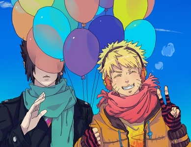 Here's a picture of Naruto doing the Peace sign!.while blocking Sasuke-kun with balloons :p