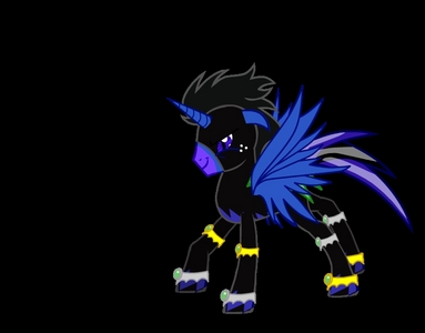  My pony I created is Aquo Moon he is an Alicorn that is in the shadow bolts :)He has stuff on his legs but I don't know what they are but it makes t look alat pendingin, pendingin