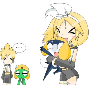 VOCALOID AND KERORO GUNSO CROSSOVER XD!!!!!!!

Lol poor Tamama :D Draw my own :3

Rin: Your so cute!!!! Cutest thing I ever seen!!!!

Tamama: HELP ME GUNSOU SAN!!!!

Keroro: Ehh.... *Sweat*

Len: ... 

