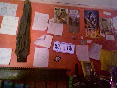 Well, my room is a mess but I'm cleaning it now. It has pink walls that are covered in posters, sayings, tee shirts, songs, pitchers of my friend. I have a big bed getting a small one soon because my room is really small. My light doesn't work so I have to use a lap that gets really hot with in 10 mins 
because its black. 

(pick of one of my walls)