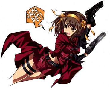 "She's a rebel 
She's a saint
She's salt of the earth
And she's dangerous

She's a rebel
Vigilante 
Missing link on the brink
Of destruction"- She's a Rebel by Green Day

I just though this would fit for Haruhi Suzumiya! ^^