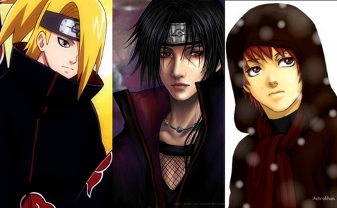  It's actaully between Deidara, Sasori, and Itachi. Deidara: his view in art, and his temper. Sasori: impatient, i hate to wait, and for some reason his way of controlling people. ._." Itachi: his quietness, and his slelthness au something I kinda forgot.