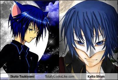  Ikuto Tsukiyomi from Shugo Chara! and KAITO Shion from Vocaloid are IDENTICAL. They even sound a little bit alike when they're singing! Ikuto's voice is a little higher with some más vibrato, but they sound a bit similar. :3