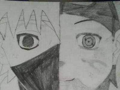 When he was young and during ninja world war 3 (if i'm not mistaking) he got cut and lost his left eye. when his team mate Obito Uchiha was smashed by a rock, their other team mate Rin transplanted Obitos sharingan into kakashi :) it's a really sad story... :'(
(this is my own drawing) :D