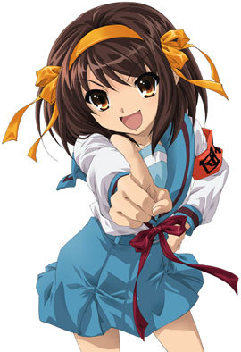  Probably Haruhi Suzumiya because I don't really like her attitude and the way she acts but I don't hate her because she can be quite funny at other times.