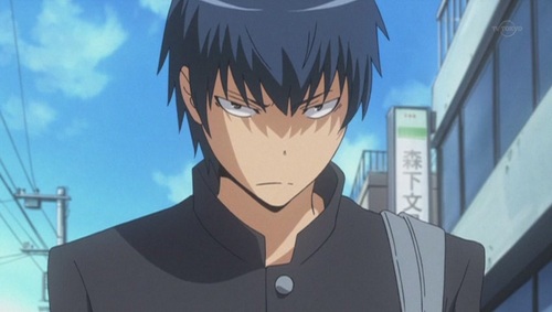  Ryuuji Takasu from Toradora! His sanpaku eyes make him look like an intimidating delinquent and causes many misunderstandings. He's actually pretty nice and very funny. :(