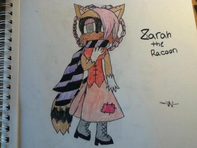  My name: -Wednesday- -u- My character's name: Zarab Ebaneza the Raccoon What do I want?: Her with scissors and like thread. Extra details: The cercle behind her head is her braid that loops behind her head. And the white things on her hands are dentelle like sorta gloves. I am so sorry for little mess up thing.