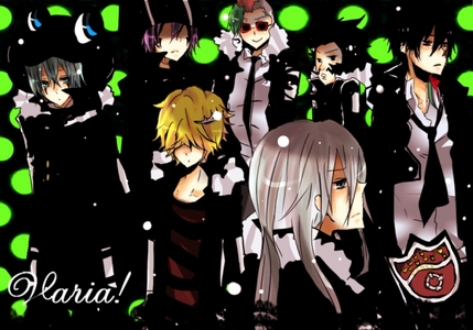  The Elite Assassin Squad in the mafia family Vongola, Varia from Katekyo Hitman Reborn! Characters = Left to Right: Fran- Mint green hair, frog hat, mint green eyes and marks under eyes Bel- Blonde hair, bangs covering eyes, tiara on head Mammon/Viper- purple hair, can't see eyes, marks under eyes Lussuria- sunglasses, green and red hair Squalo- Long silver eyes, grey/ grey blue eyes Levi- tattoo and piercings on his face brown hair Xanxus- black hair and red eyes and burn marks on his face