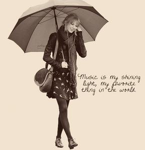  She looks happy because she’s smiling, she relaxes while walking in the rain, she is listening to music..what she loves 2 do <13