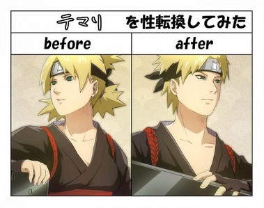 Original Temari (Naruto) and gernderbent Temari on the right; art is by Wei on pixiv. Also, look up "Calendar May" by Rusky-Boz on deviantart. It shows the Espada (Bleach) genderbent. 
