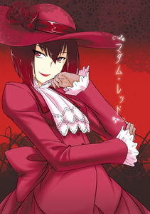 Madame Red from Black Butler. She has short red hair. 