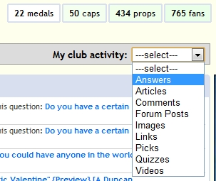 Go to your profile
*Click on the drop menu (depicted below)
*Select the content you wish to view
*In picks and quizzes, if you want to the the content you actually posted, you'll have to click the link to the right that will either read "Questions I've Asked" or "Quiz Questions I've Asked"