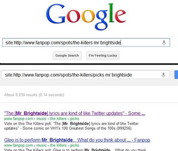 This is what I do. 

* Go to https://www.google.com/
* type the url of the spot you wish to search (I'm going to be searching for "Mr Brightside" in The Killers' spot as an example), 
* type "site:" right before the url (no spaces!)
*Type your search query after the url (include spaces)
* click "search" and you'll get a list of Fanpop results.

If you want to filter your results, change the url accordingly.
For example, if I want to search for only picks/polls about Mr Brightside, I'll have to change the url to  
www.fanpop.com/spots/the-killers/picks

Hopefully the picture isn't too small. If it is, I'll upload and link to it.
EDIT: http://www.fanpop.com/spots/fanpop/images/30953143/title/how-search-individual-spots-without-search-bar-photo