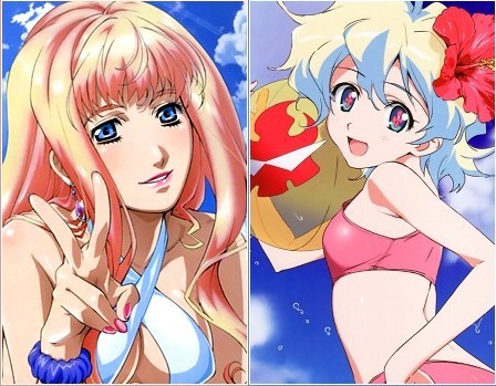  Sheryl from Macross Frontier has blonde & ピンク hair while Nia from Tengen Toppa Gurren Lagann has light blue & pale blonde hair! :)
