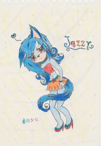 Jazzy the wulf ^^ 
birthday 1 february 
sister from evolia wulf
single ( likes to be alone or with friends)
shes 18 years old ^^
And shes a rockstar X3
pic is drawen by me ^^
