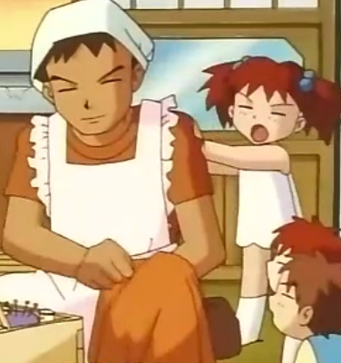 Anime character wearing an apron well how about this picture of Takeshi-kun (also known as "Brock") from Pokemon!