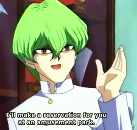  Hmm..well how about Mr.Kaiba from Season Zero of Yu-Gi-Oh! He has green hair!