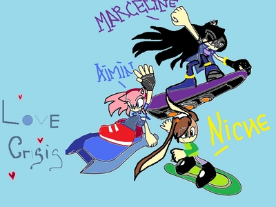  Names : Aimin The Hedgehog,Marceline the vamphog And Niche The Rabbit Aimin Power : Speed,Fire,Chaos Control,Lightning. Marceline power : Chaos universe,Darkness,Shape- shifter and flying. Niche power : Celestrial magic ,Flying,Element and talking to animals. Weapons Aimin : sword and guitar. Marceline : Demon बास and claws Niche : Her Ears (can turn into sword) and a boomerang Loves Aimin : got a crush on silver and and loves hot dog Marceline : Got a Crush on scar the hedgehog and loves music. Niche : loves जानवर and कैन्डी Hates Aimin : Girly Things Marceline : Bitches Niche : Abuse Bestfriends Aimin : Amy rose , marceline and niche Merceline : Blaze,Aimin and niche Niche : Cream , aimin and marceline. Personalities Aimin : Tomboy,Happy go lucky and high spirit with confident Marceline : Brutal,Mature, Creepy and protective. Niche : sweet, nice, a helper and smart Weakness Aimin : Girly stuff Marceline : To see anyone hurt Niche : Darkness. Age Aimin : 15 Marceline : ageless Niche : 13