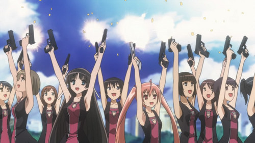  Hidan no Aria/Aria the Scarlet Ammo school they train fucken assassins! And they have events with girl cheerleaders WITH GUNS!