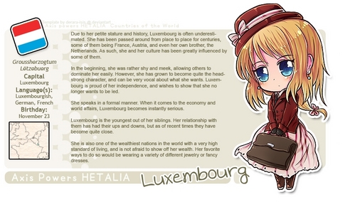  I am from Luxembourg <3 my favourite countries : Italy , U.S.A. and England my favourite characters in Хеталия are : all ^^