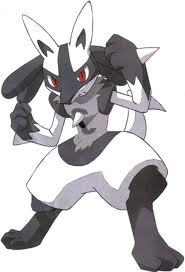 i would be a white lucario 
moves: bone rush
quick attack
aura sphere
and close combat