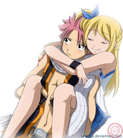 Lucy Heartfilia and Natsu Dragneel
(natsu has pink hair, but it's all I got people)
