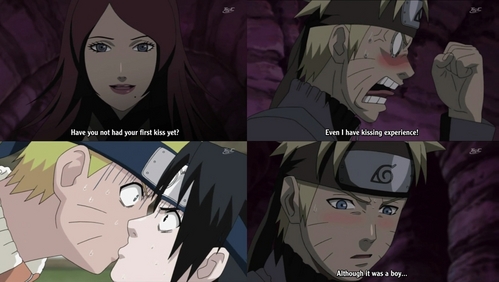  umm does this count when naruto is talking to that crazy red head chick who uses ciuman of death and she asks if naruto had any ciuman experience and he think about the time he kissed sasuke?/???
