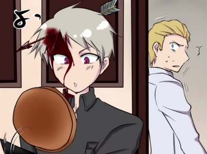  Ah, Prussia making panqueques, tortitas with an arrow in his head... Fake of course. Fake blood too... Oh Prussia, why... Just why....