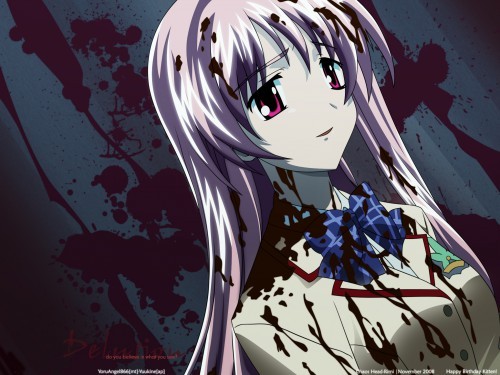  Hmm...Mirai Nikki (Future Diary), Chaos; Head has a sense of horror...Not much blood...I can say that there are not many scenes with blood, but the story is really psychological...If te like Higurashi and Umineko and I guess te do, te might also like Ookami Kakushi the third work of Ryukishi07 (creator of Higurashi and Umineko) :)