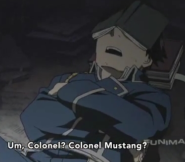 So an anime character with black hair here's Roy Mustang from Fullmetal Alchemist his hair is black!
