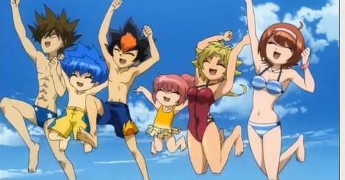  (Left to right) cánh diều Unabara, Eight Unabara, Zero Kurogane, Mal, Ren Kurenai and Madoka Amano...All at the Midsummer bờ biển, bãi biển for a vacation. All happy and nice XD