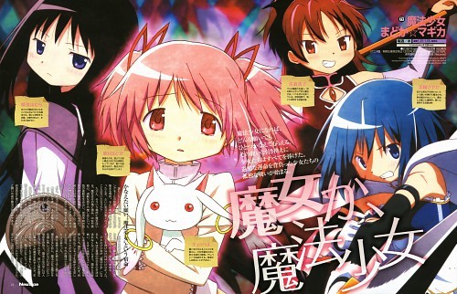  In Puella Magi Madoka Magika none of the girls end up fighting Kuybey when they learn he's tricked them (Kuybey is the cat-like thing the rosado, rosa girl is holding)