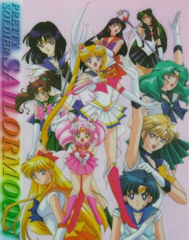 Right side (From top): Sailor Pluto, Sailor Neptune, Sailor Uranus, Sailor Mercury Middle(from Top): Sailor Mars, Super Sailor Moon, Sailor Chibi Moon Left(from Top) Sailor Saturn, Sailor Jupiter, Sailor Venus