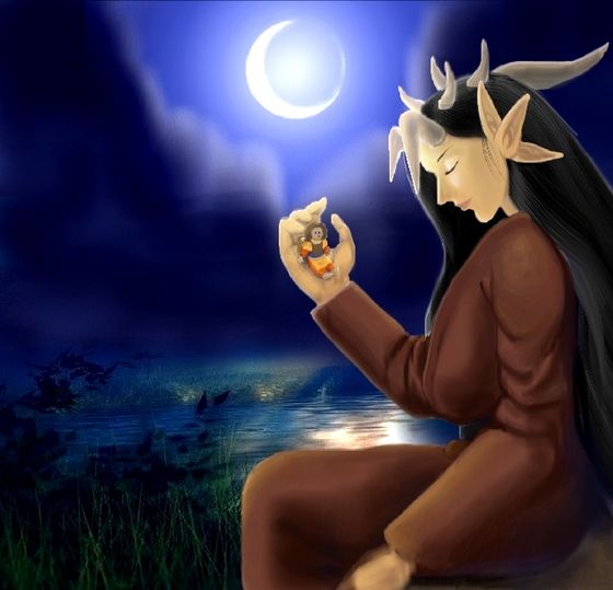 Yomi under the moonlight, with the Myra doll.