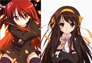 Shana (Shakugan no Shana) and Haruhi Suzumya (The Melancholy of Haruhi Suzumiya) Both are known for their beautiful and for their bossiness. However, once you get to know them you find that they have a sweet side.