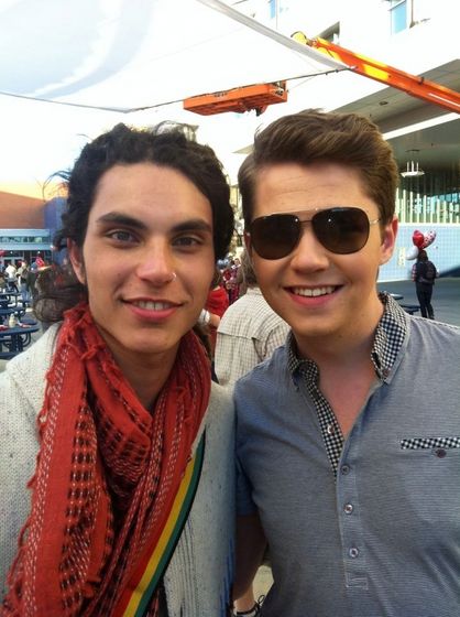  Samuel Larsen and Damian McGinty on the set of "Glee".