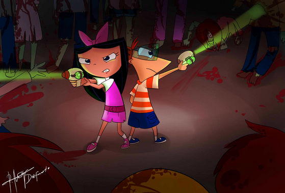 Phineas and Isabella fighting zombies!
