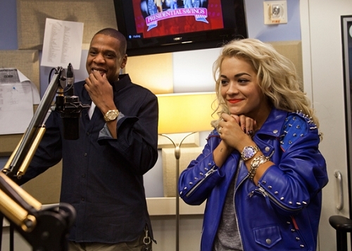  제이 지 and his protégée Rita Ora at New York's Z100 Radio