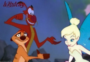 Love at first sight! Mushu greeted Tink with a friendly handshake. While Timon tried to hide his love with a fake, I Don’t Care Smile.