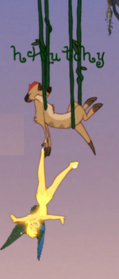  Timon holds onto Tinks foot as the two happily hayun, swing back and forth.