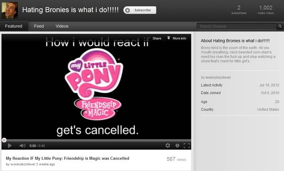 A channel on Youtube which purpose is to hate MLP and its bronies