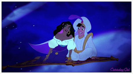 Aladdin takes Esmeralda on a carpet ride. 