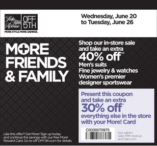 Saks Fifth Avenue OFF 5TH is offering 30% OFF almost everything in the store Wednesday, June 20 – T