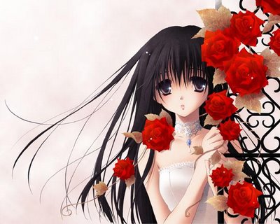 lonly anime girl and red roses